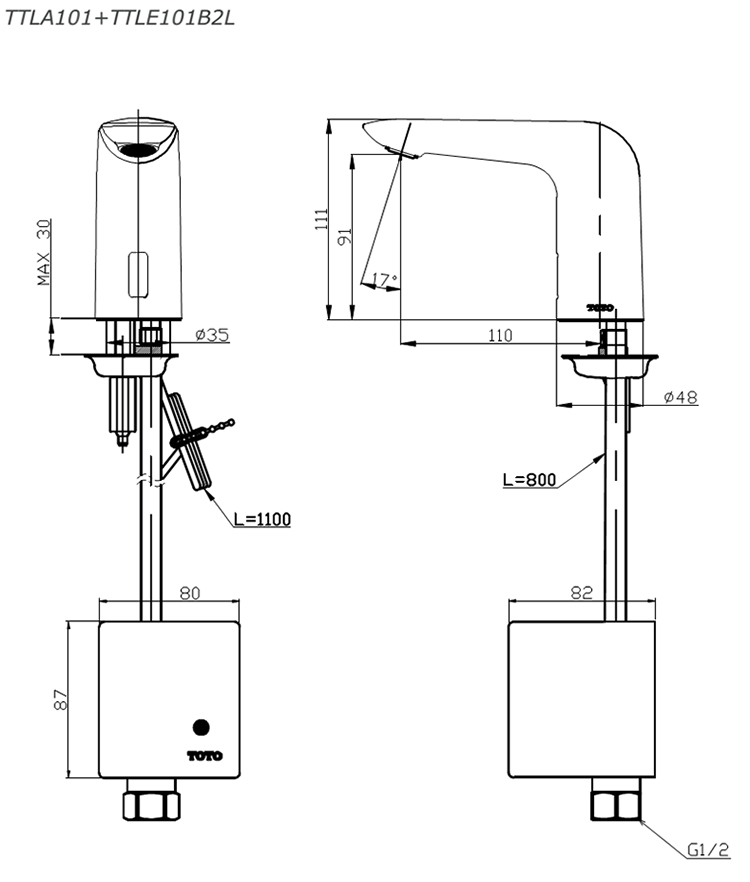 Vòi cảm ứng nước lạnh TOTO TTLA101/TTLE101B2L/TX709AV6 bản vẽ kỹ thuật