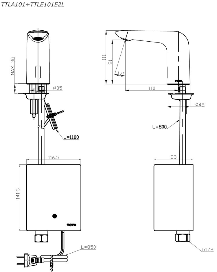 Vòi cảm ứng nước lạnh TOTO TTLA101/TTLE101E2L/TX709AV6 bản vẽ kỹ thiuật
