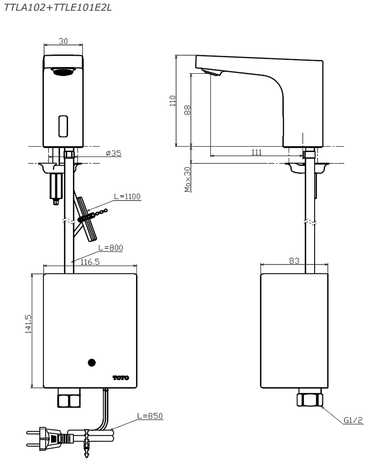 Vòi cảm ứng nước lạnh TOTO TTLA102/TTLE101E2L/TX709AV6 bản vẽ kỹ thuật