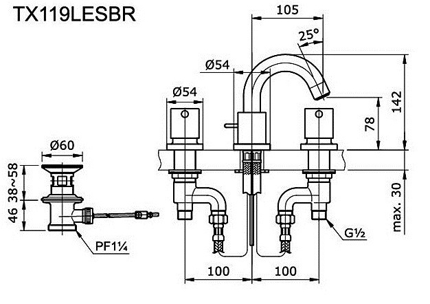 Vòi chậu nóng lạnh TOTO TX119LESBR bản vẽ kỹ thuật