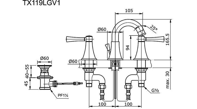 Vòi chậu nóng lạnh TOTO TX119LGV1 BẢN VẼ KỸ THUẬT