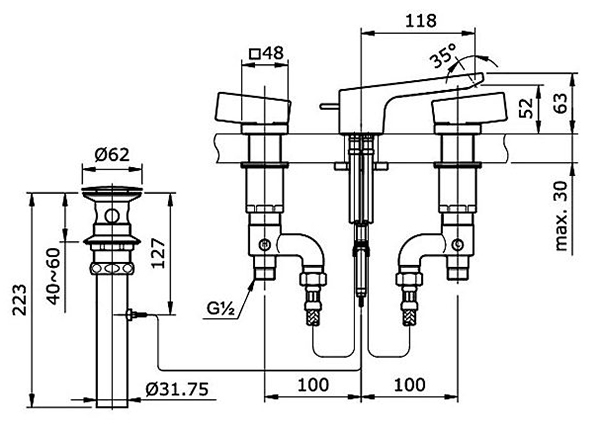 Vòi chậu nóng lạnh TOTO TX119LNBR bản vẽ kỹ thuật