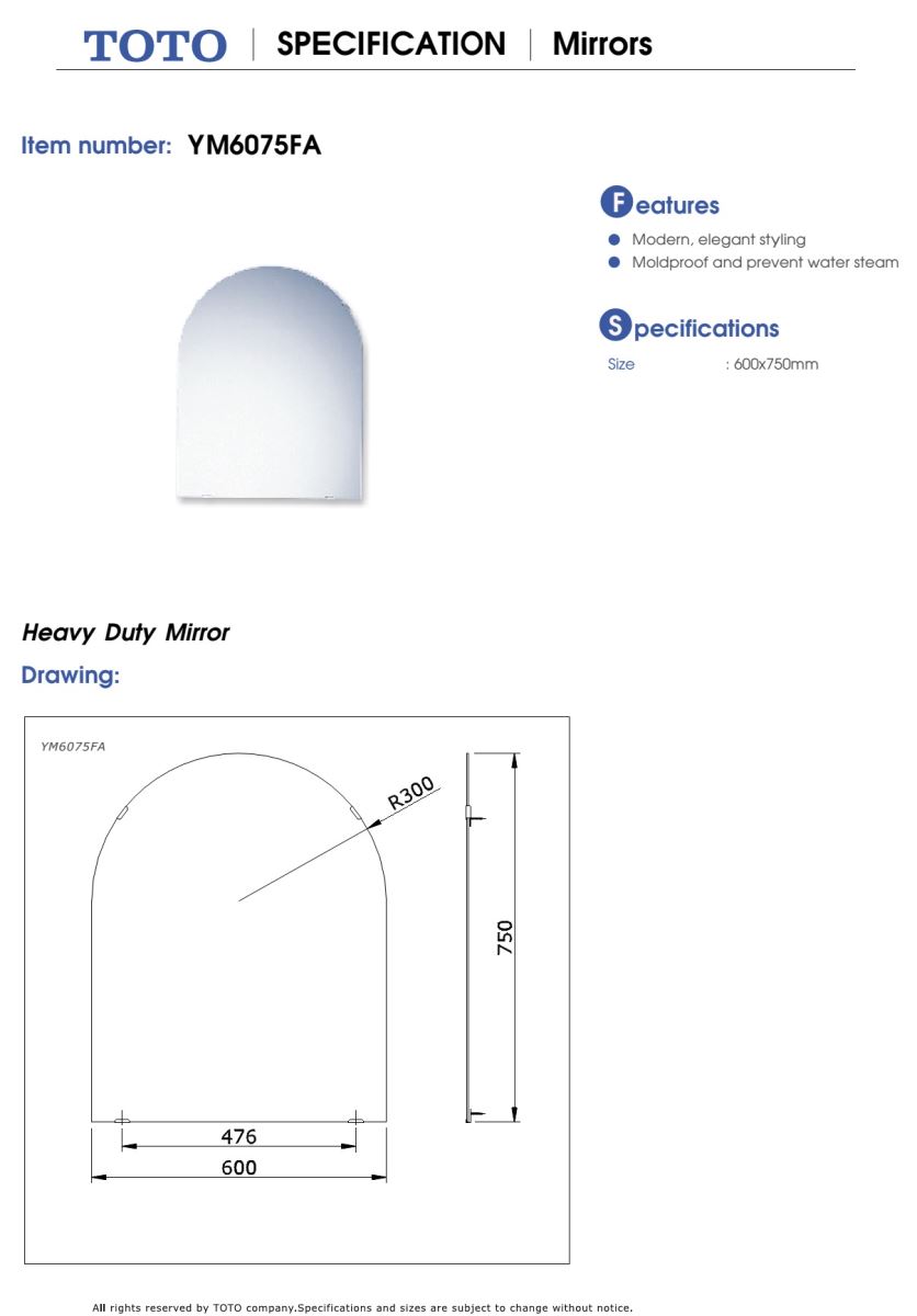 Gương phòng tắm TOTO YM6075FA bản vẽ kỹ thuật