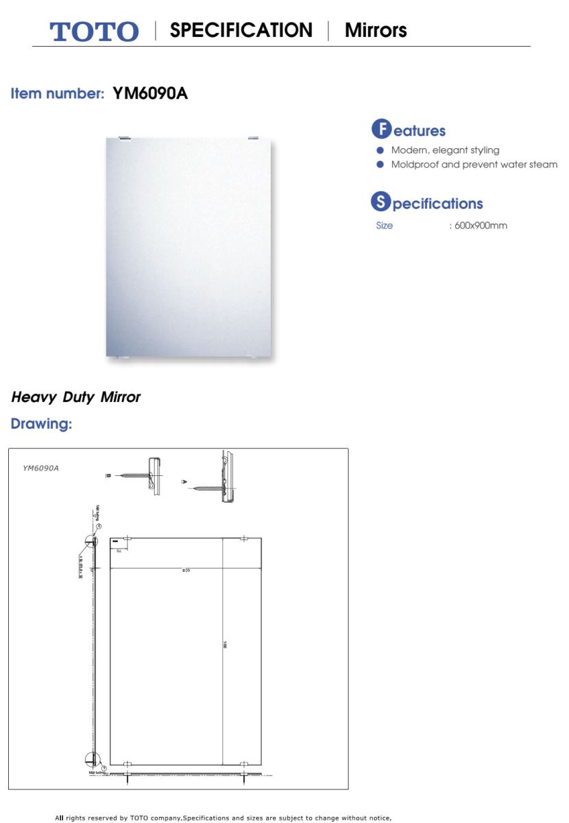 Gương phòng tắm TOTO YM6090A bản vẽ kỹ thuật