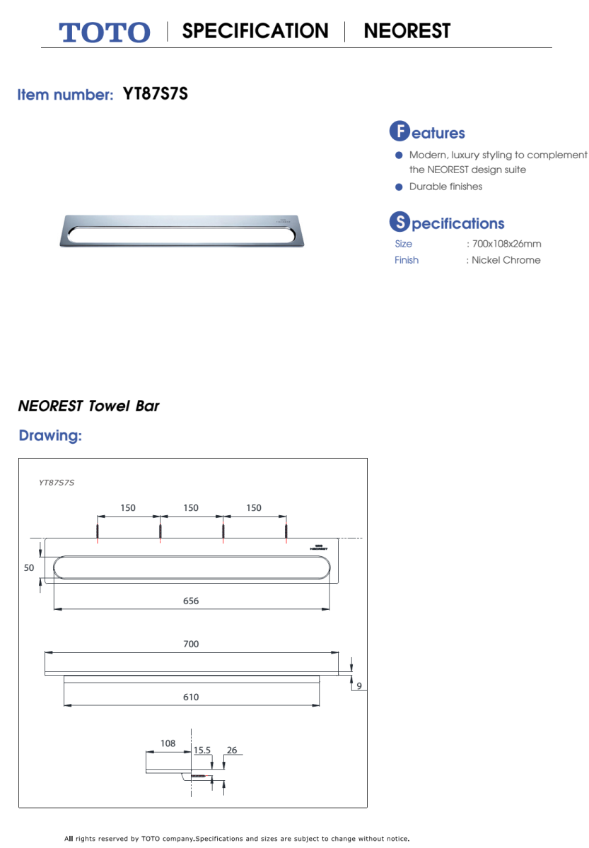 Thanh vắt khăn TOTO NEOREST YT87S7S bản vẽ kỹ thuật