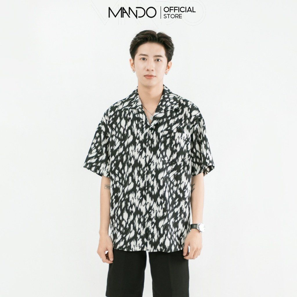  Áo Sơ Mi Đen Nam Cuban Shirt Ngắn Tay MANDO Họa Tiết Vải Lụa Form Rộng Unisex Thời Trang Hàn Quốc SMD122 