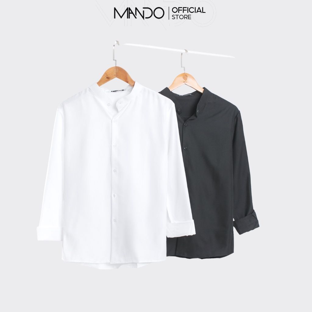  Áo Sơ Mi Trơn Cổ Tàu Dài Tay Nam MANDO 2 Màu Đen Trắng Chất Cotton Form Rộng Basic Unisex Thời Trang Hàn Quốc SMD121 