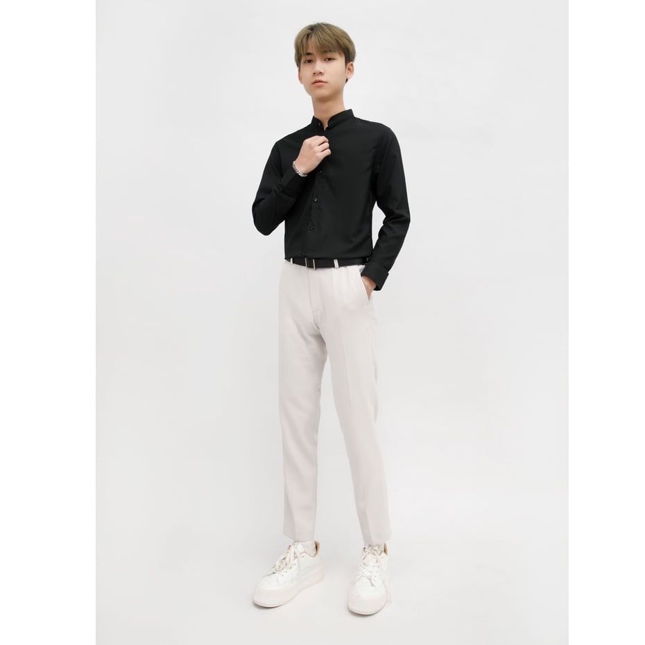  Áo Sơ Mi Trơn Cổ Tàu Dài Tay Nam MANDO 2 Màu Đen Trắng Chất Cotton Form Rộng Basic Unisex Thời Trang Hàn Quốc SMD121 