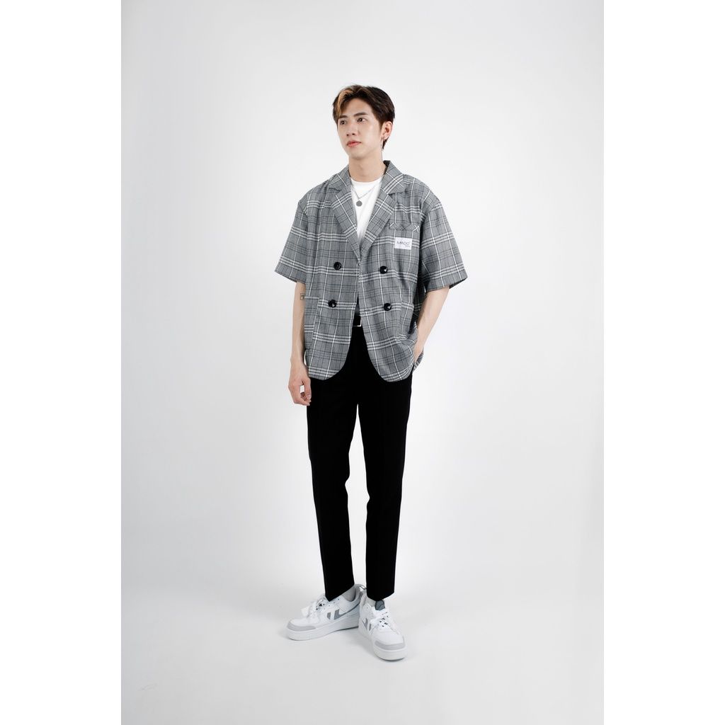  Áo Blazer Vest 1 Lớp Nam MANDO Tay Lỡ Vải Tuysi Họa Tiết Caro Xám 2 Hàng Khuyu Basic Unisex Thời Trang Hàn Quốc AVH009 