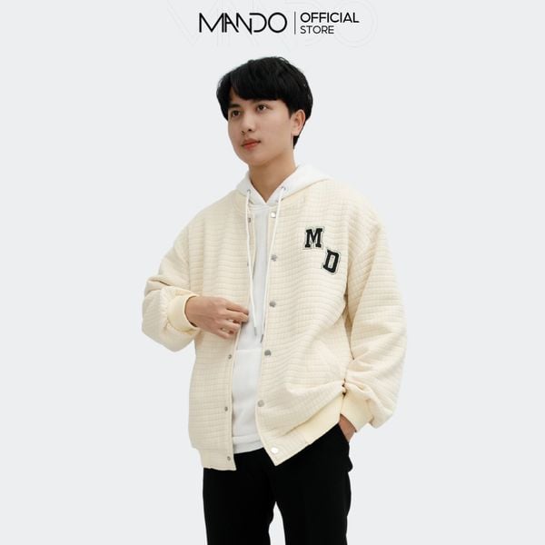  Áo Khoác Varsity Bomber Nỉ Xốp Cao Cấp Nam MANDO Họa Tiết Thêu 2 Màu Be Trắng Basic Unisex Form Rộng Hàn Quốc NDN095 