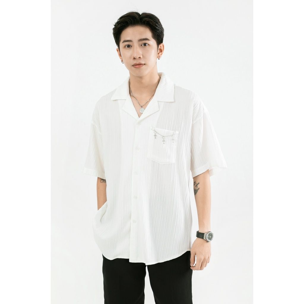 Áo sơ mi nam tay ngắn Cổ Vest màu trắng đen  chất vải lụa mềm form