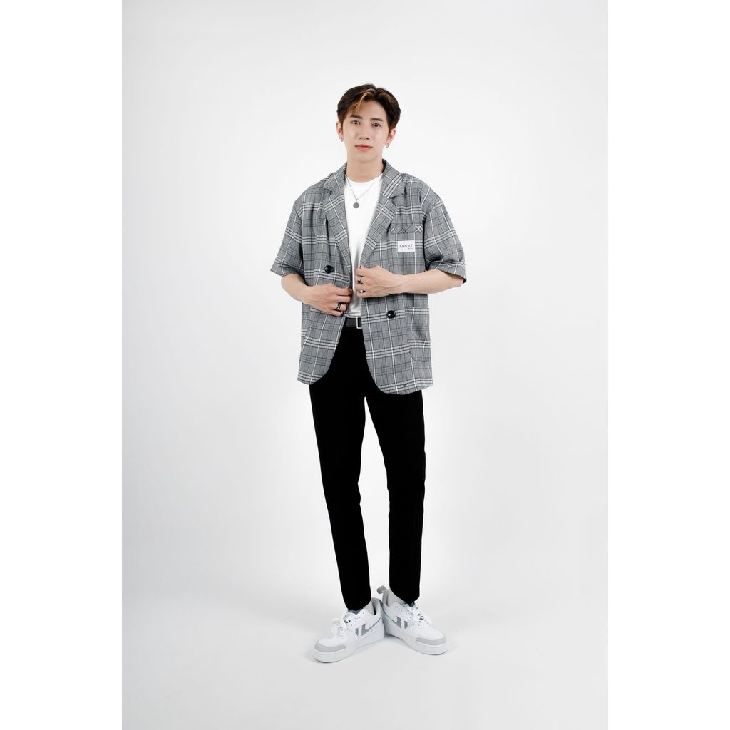  Áo Blazer Vest 1 Lớp Nam MANDO Tay Lỡ Vải Tuysi Họa Tiết Caro Xám 2 Hàng Khuyu Basic Unisex Thời Trang Hàn Quốc AVH009 