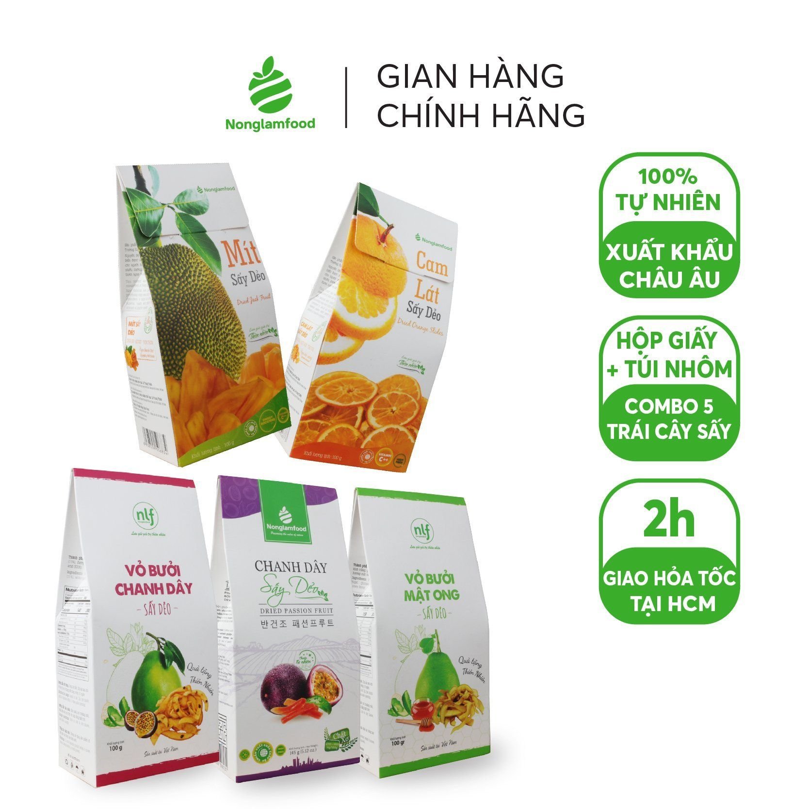 Combo Giàu chất xơ - 5 Hộp trái cây sấy Nonglamfood | Siêu Khoáng Chất | Tăng sức đề kháng | Chuẩn xuất khẩu châu Âu