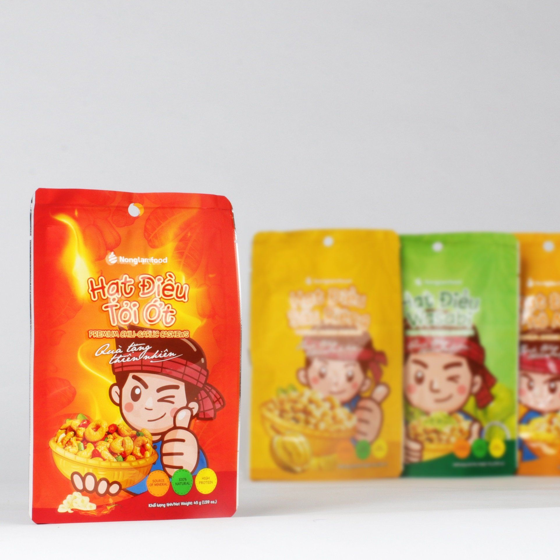HẠT ĐIỀU TỎI ỚT NONGLAMFOOD TÚI 45G | PREMIUM CHILI-GARLIC CASHEWS