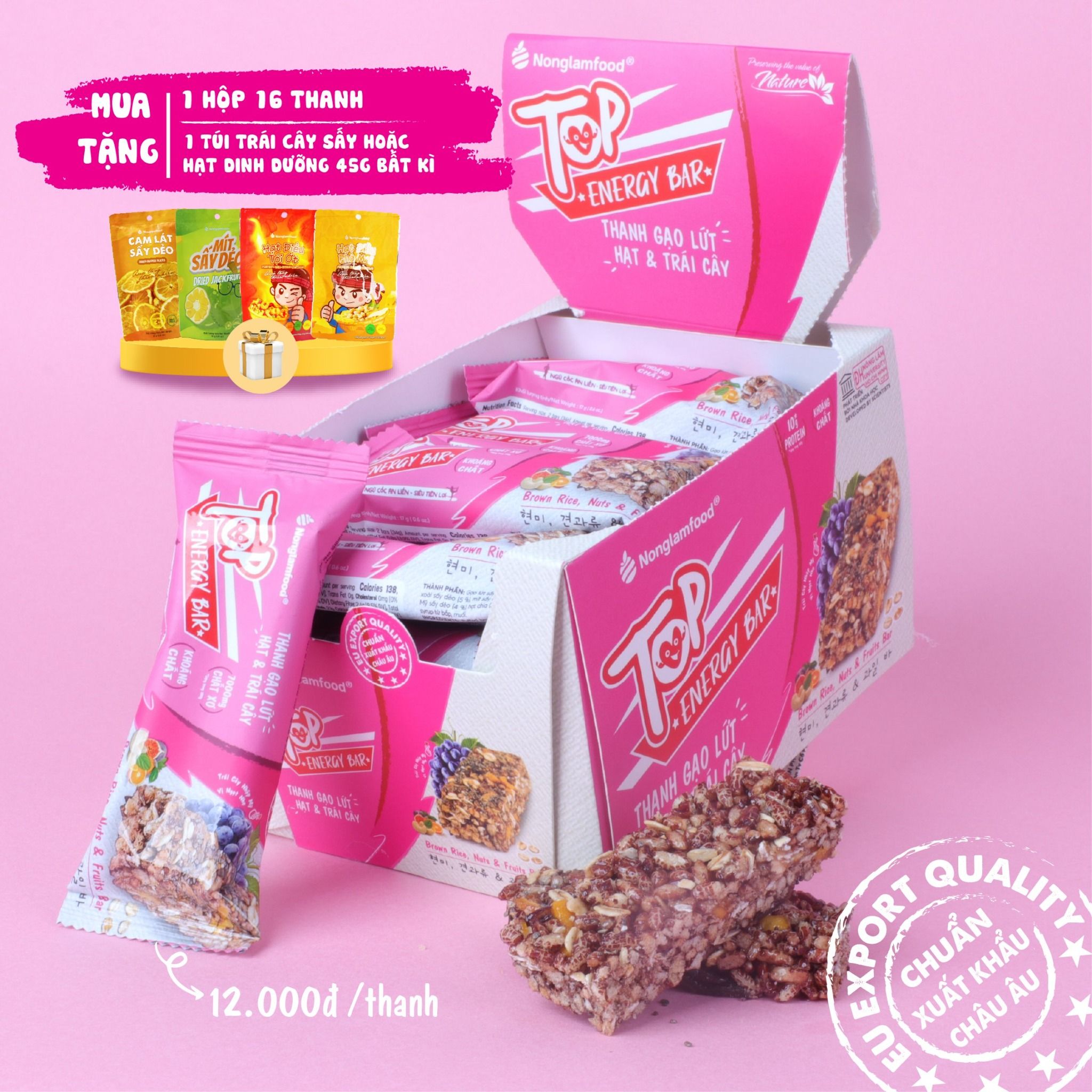 Thanh gạo lứt hạt & trái cây Nonglamfood hộp 16 thanh 272g| Ăn vặt tốt cho sức khỏe| Healthy Snack