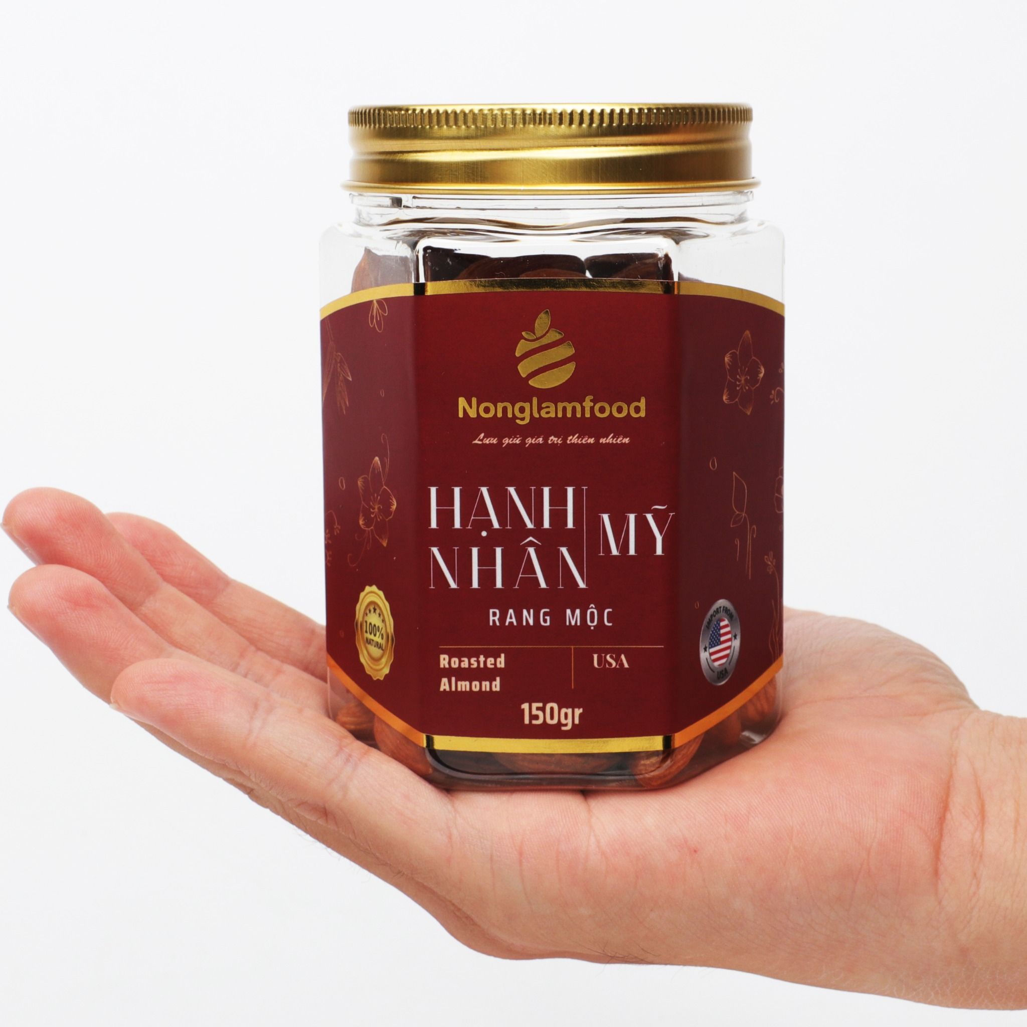 HẠNH NHÂN MỸ RANG MỘC NONGLAMFOOD HŨ 150G | HŨ LỤC GIÁC ĐẶC BIỆT | QUÀ TẶNG CAO CẤP