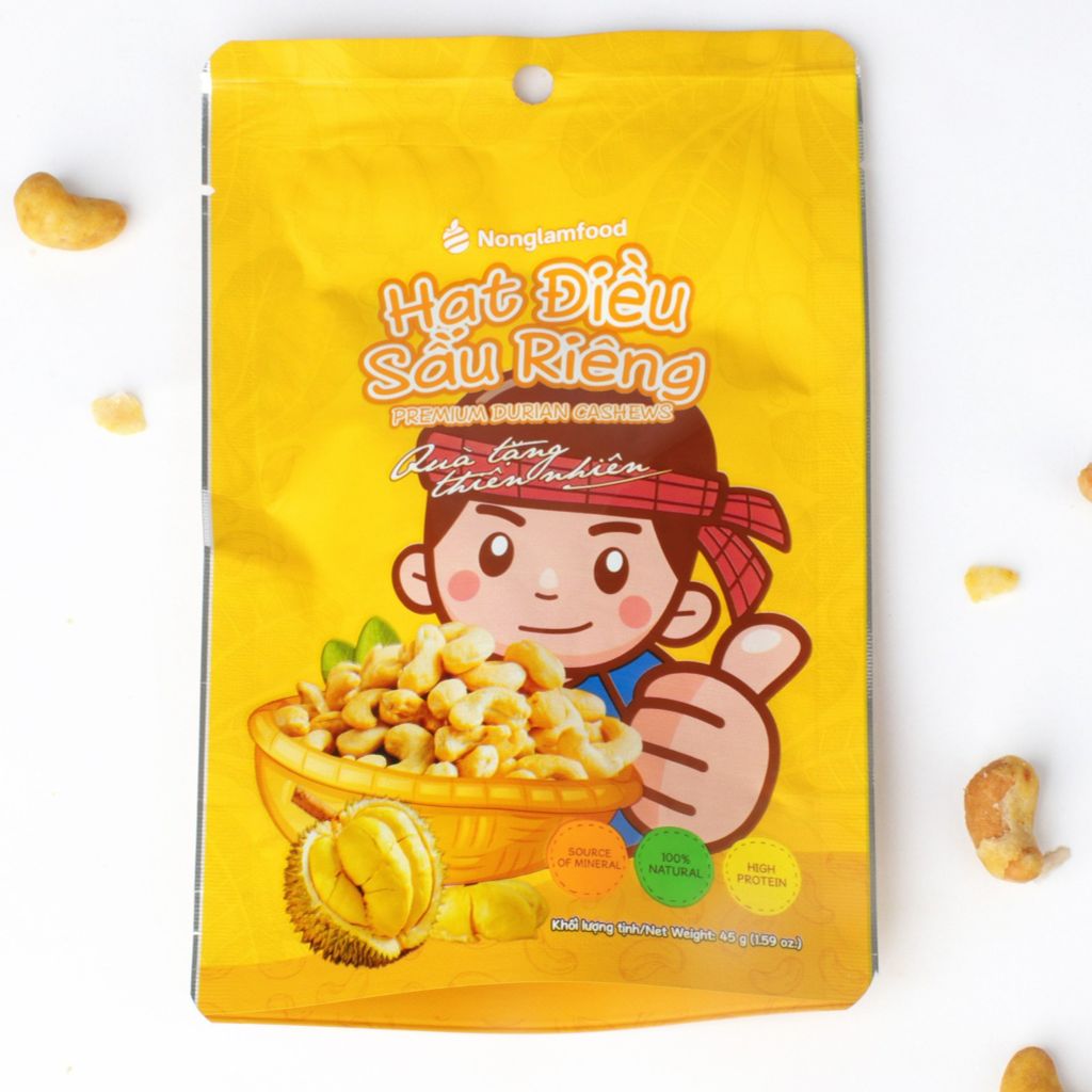 HẠT ĐIỀU SẦU RIÊNG NONGLAMFOOD TÚI 45G | PREMIUM DURIAN CASHEWS