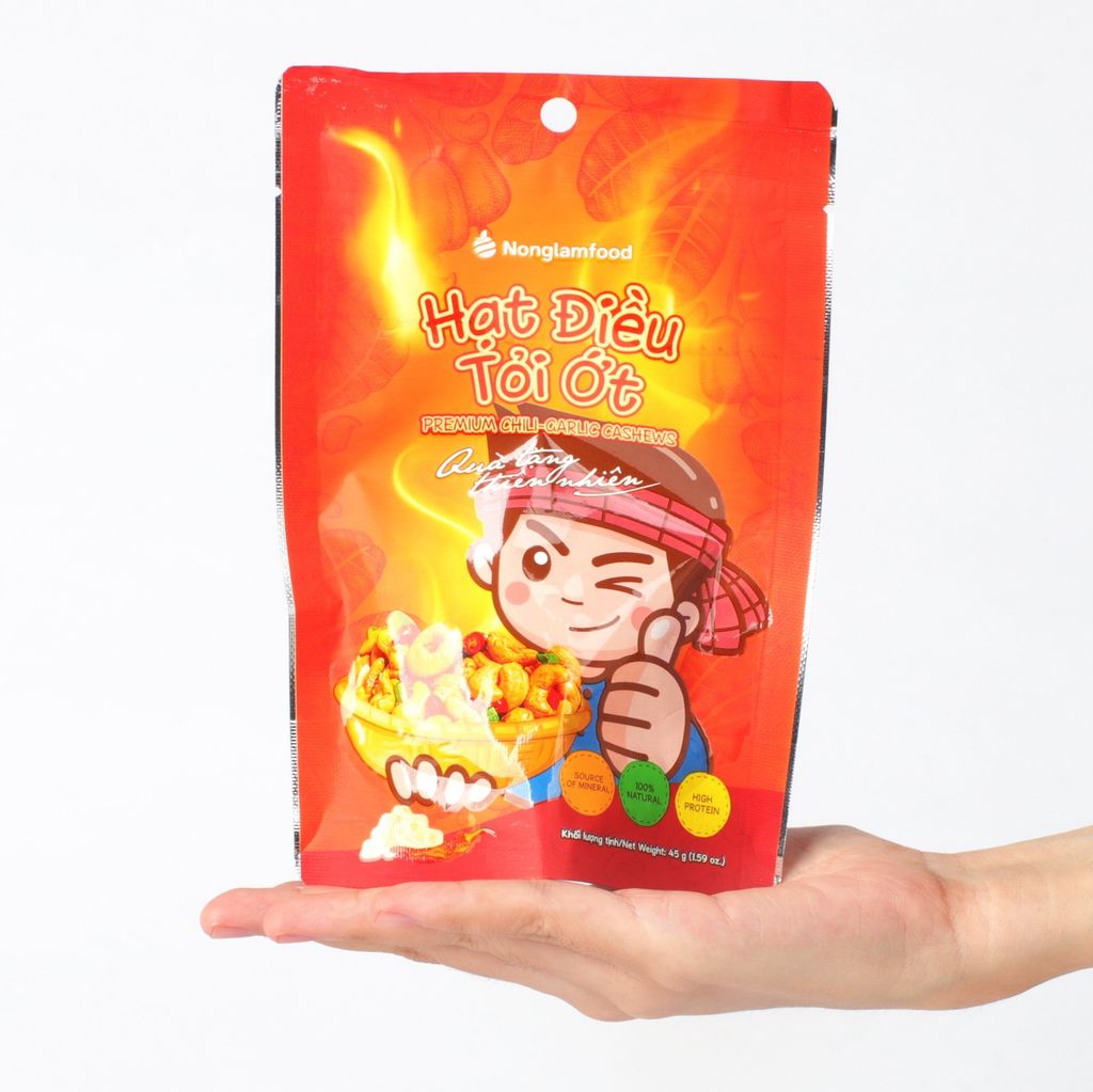 HẠT ĐIỀU TỎI ỚT NONGLAMFOOD TÚI 45G | PREMIUM CHILI-GARLIC CASHEWS