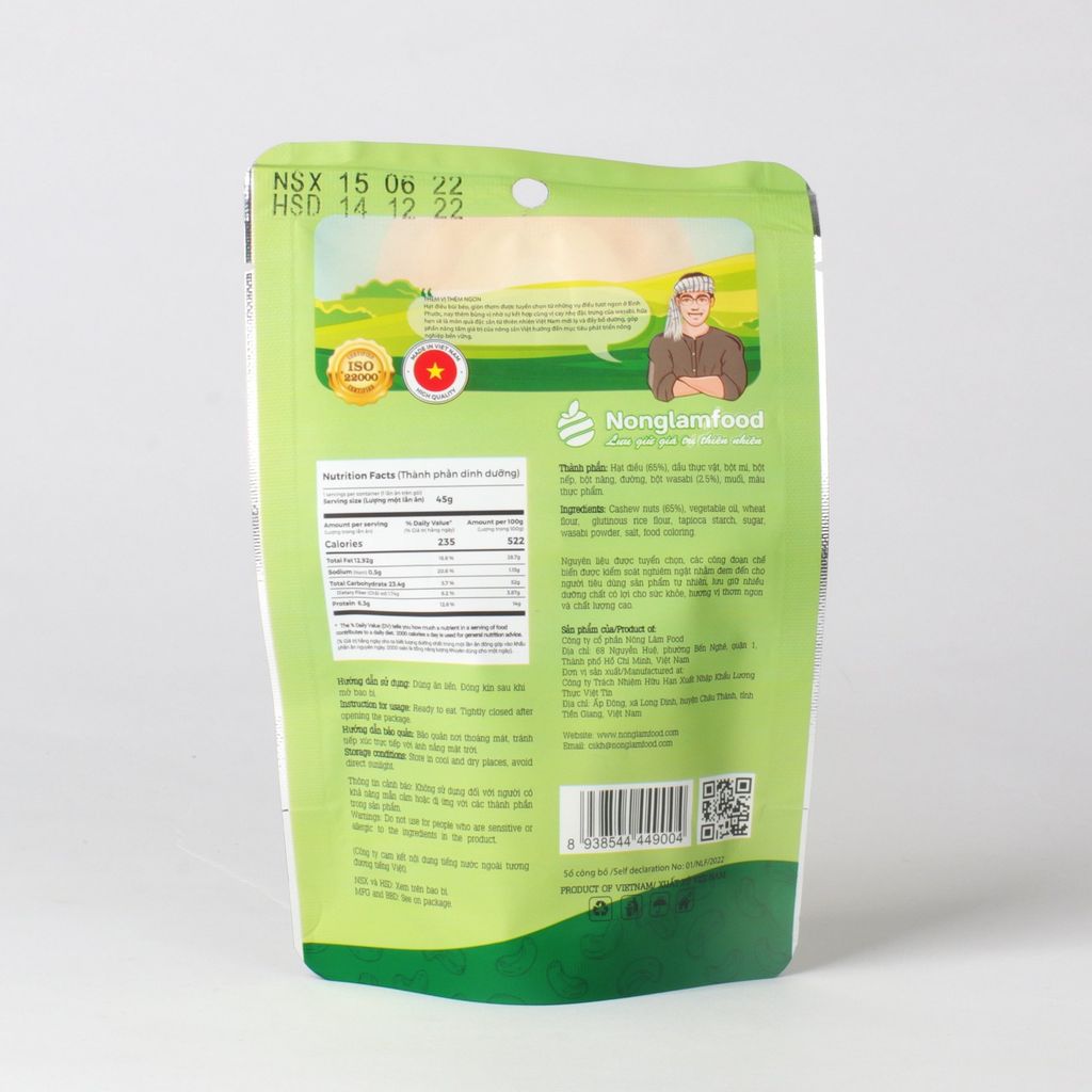 HẠT ĐIỀU WASABI NONGLAMFOOD TÚI 45G | PREMIUM WASABI CASHEWS