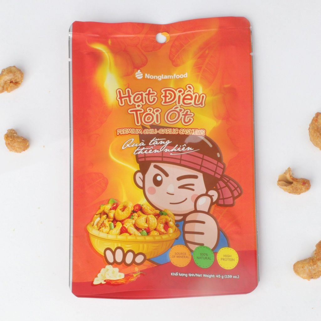 HẠT ĐIỀU TỎI ỚT NONGLAMFOOD TÚI 45G | PREMIUM CHILI-GARLIC CASHEWS