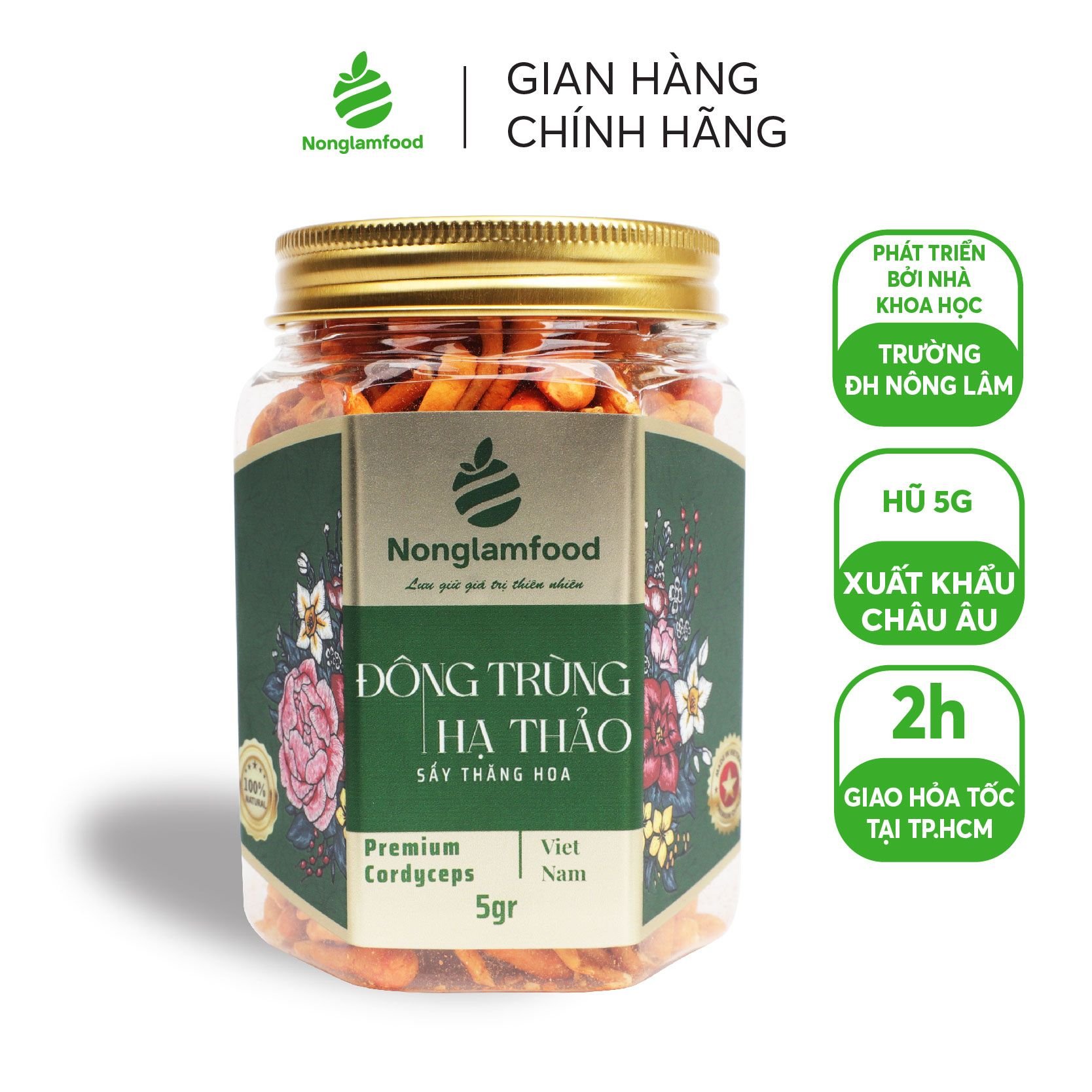 Đông trùng hạ thảo sấy thăng hoa Nonglamfood hũ 150g  | Hũ lục giác đặc biệt | Quà tặng cao cấp