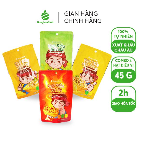 COMBO 4 TÚI HẠT ĐIỀU VỊ (ĐIỀU PHÔ MAI 45G, ĐIỀU SẦU RIÊNG 45G, ĐIỀU TỎI ỚT 45G, ĐIỀU WASABI 45G) - NONGLAMFOOD