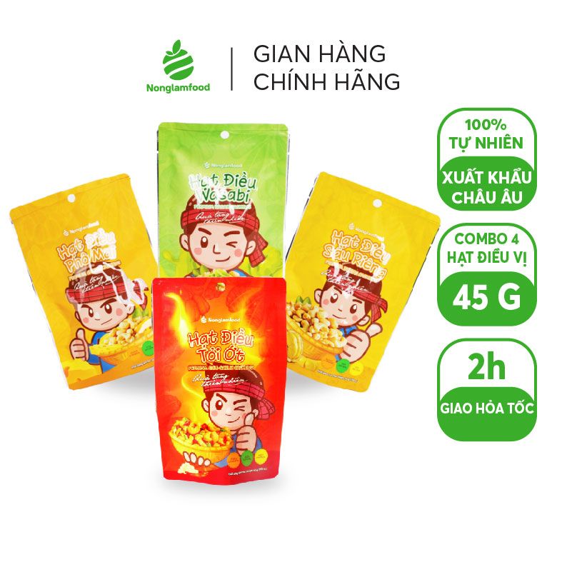 Combo 4 túi hạt điều vị (Điều phô mai 45g, Điều sầu riêng 45g, Điều tỏi ớt 45g, Điều Wasabi 45g) - Nonglamfood