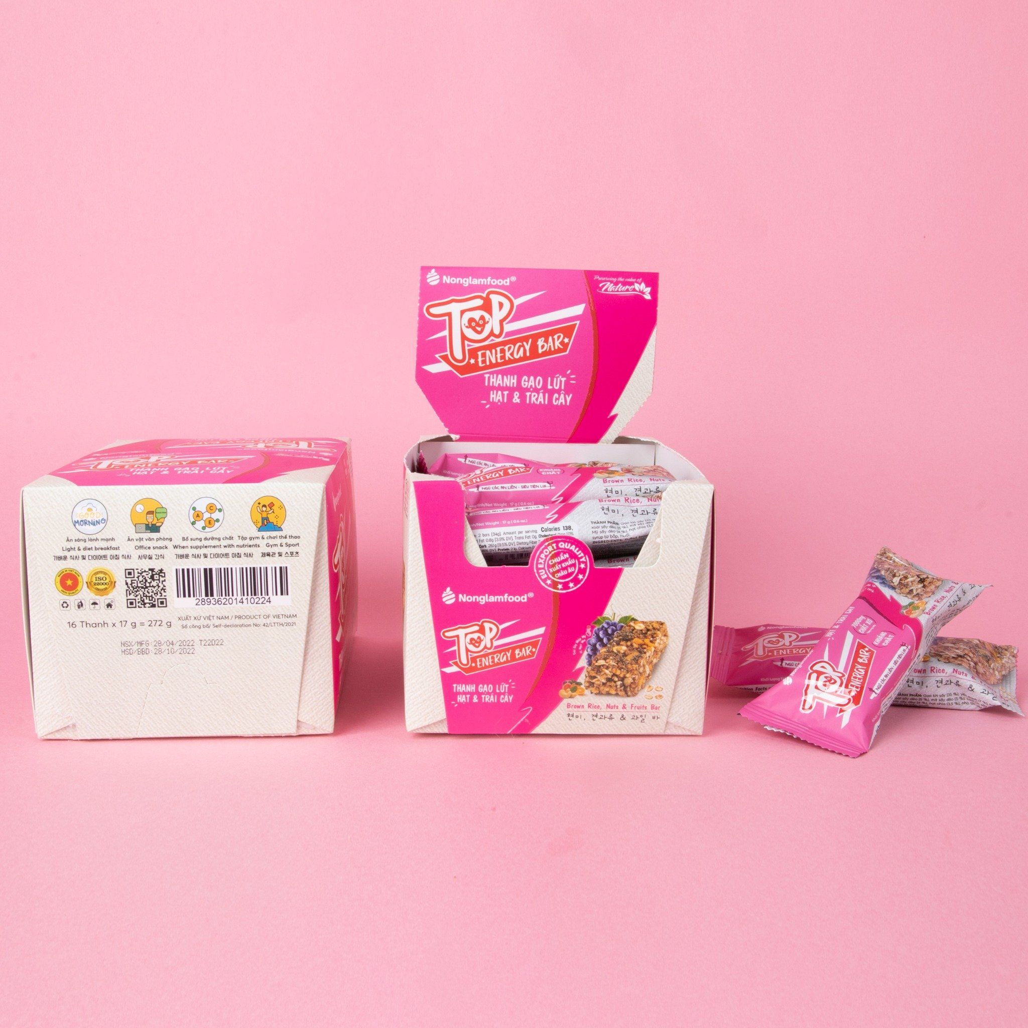 Thanh gạo lứt hạt & trái cây Nonglamfood hộp 16 thanh 272g| Ăn vặt tốt cho sức khỏe| Healthy Snack