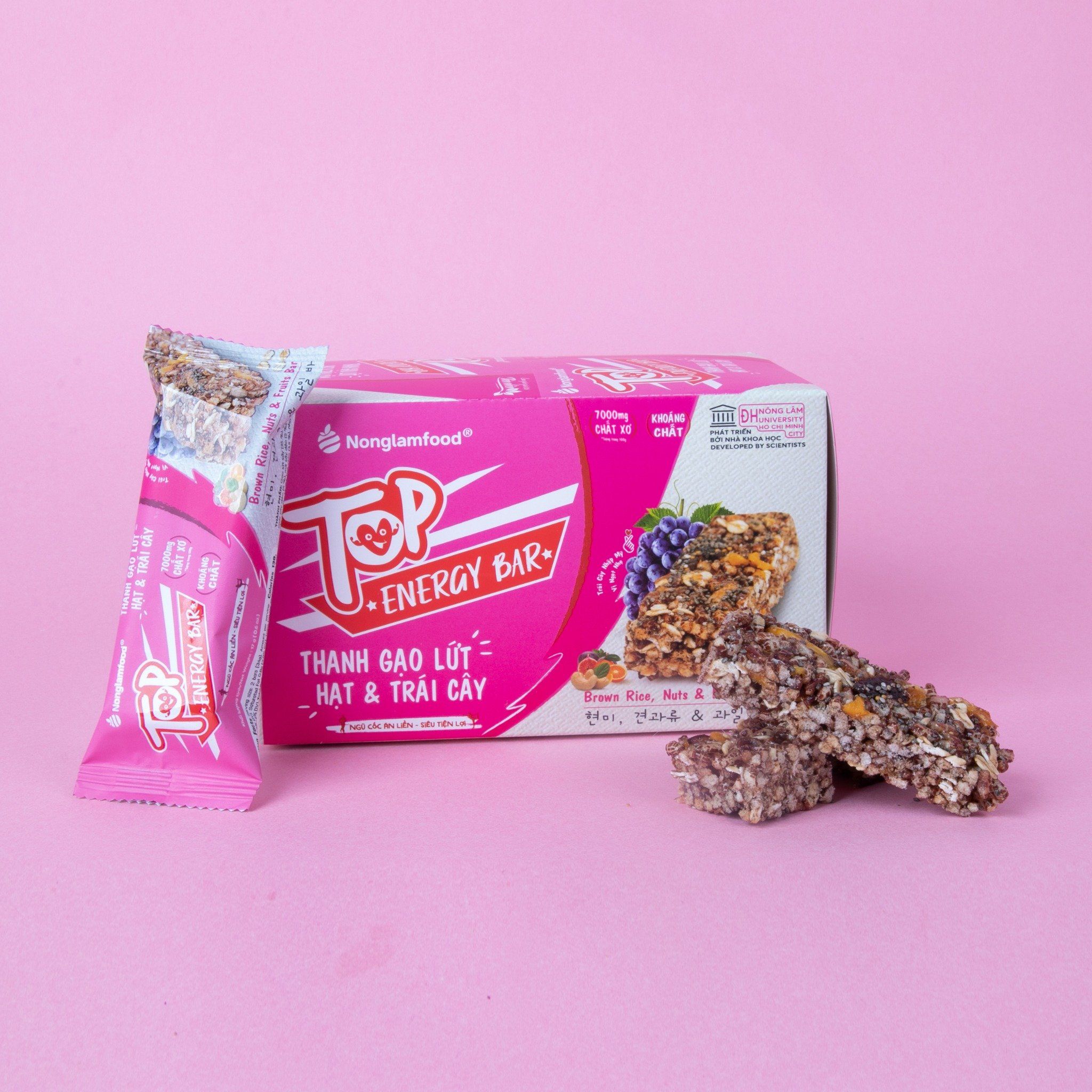 Thanh gạo lứt hạt & trái cây Nonglamfood hộp 16 thanh 272g| Ăn vặt tốt cho sức khỏe| Healthy Snack