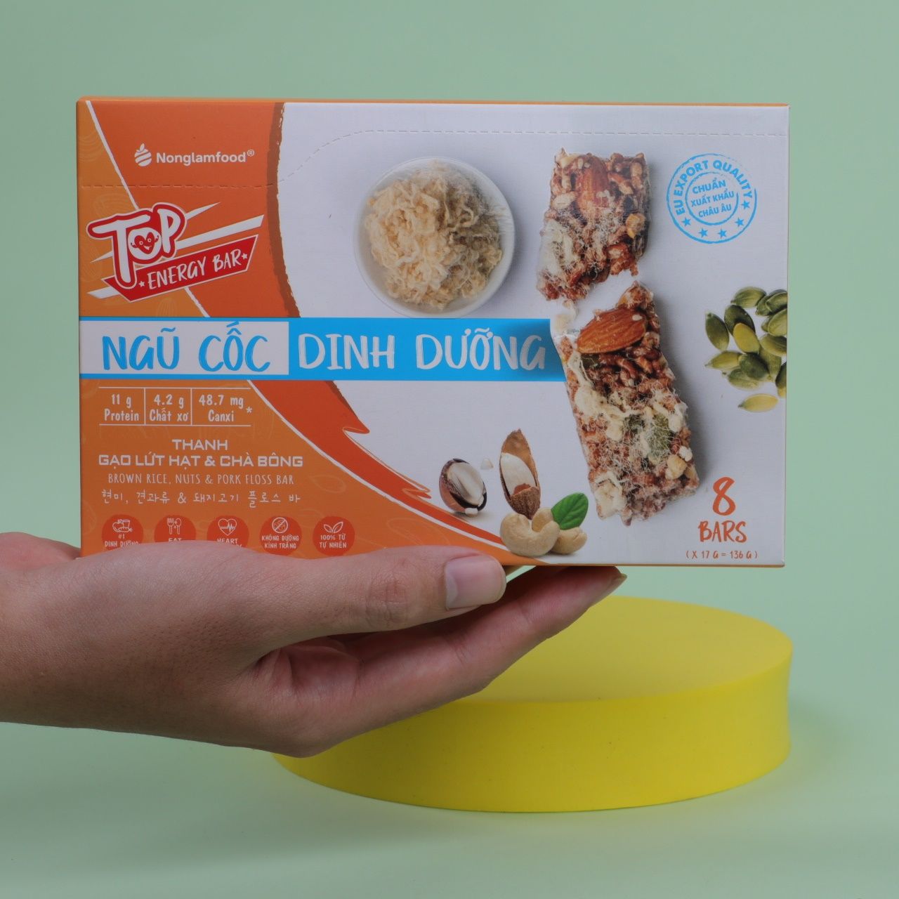 Thanh gạo lứt hạt & chà bông Nonglamfood hộp 8 thanh 136g | Healthy Snack
