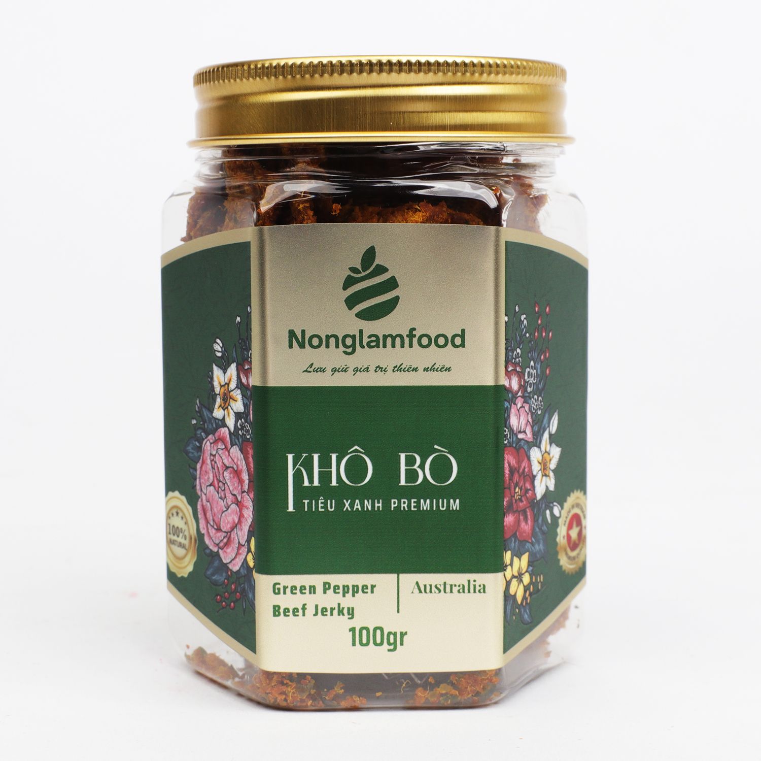 KHÔ BÒ TIÊU XANH PREMIUM NONGLAMFOOD HŨ 150G  | HŨ LỤC GIÁC ĐẶC BIỆT | QUÀ TẶNG CAO CẤP