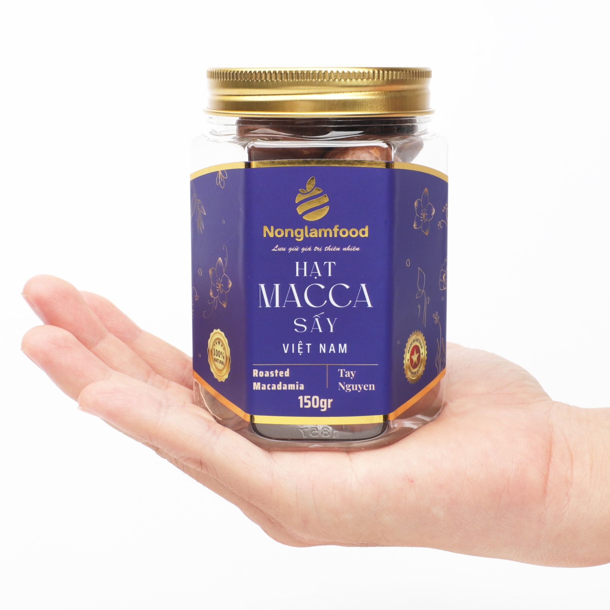 HẠT MACCA SẤY NONGLAMFOOD HŨ 150G | HŨ LỤC GIÁC ĐẶC BIỆT | QUÀ TẶNG CAO CẤP