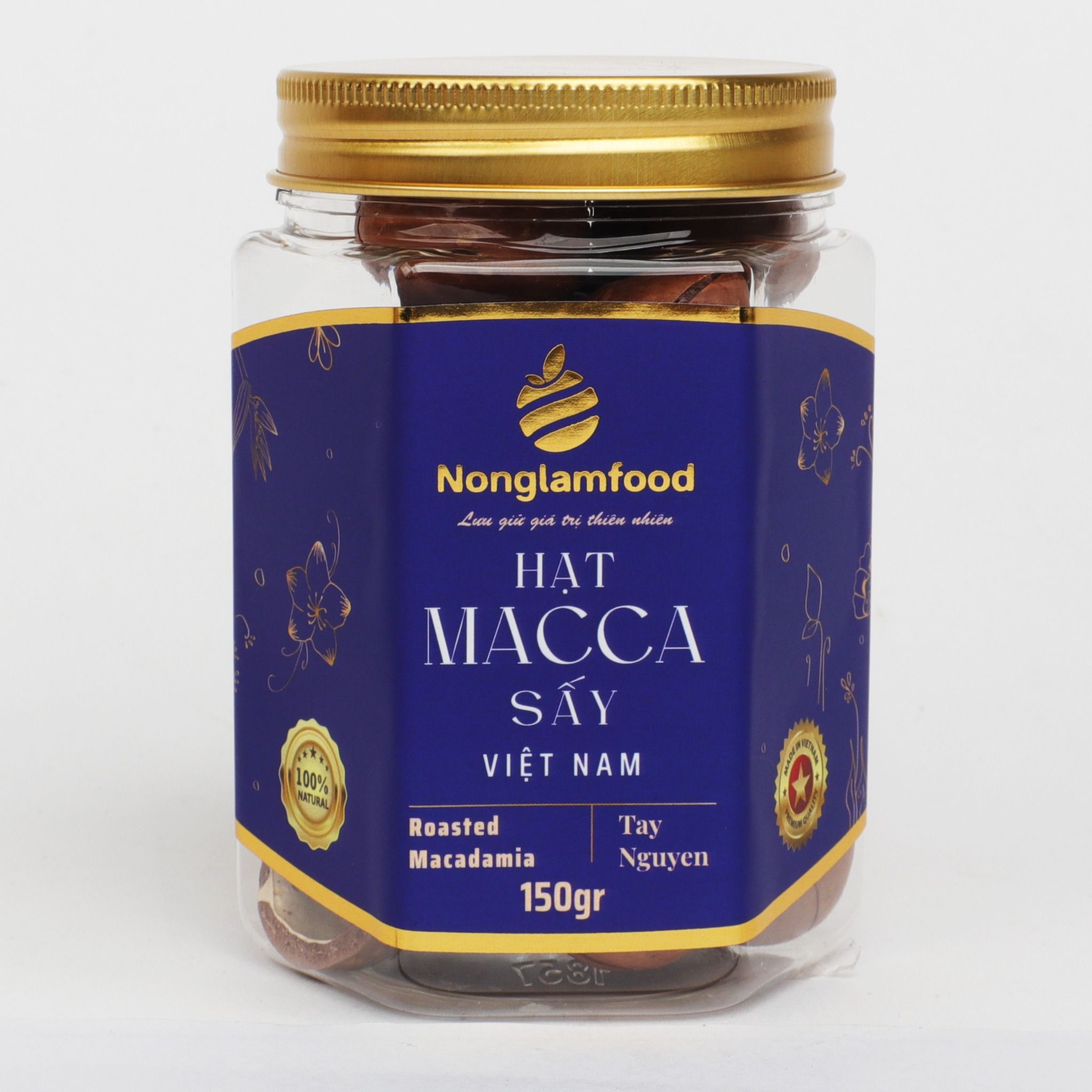HẠT MACCA SẤY NONGLAMFOOD HŨ 150G | HŨ LỤC GIÁC ĐẶC BIỆT | QUÀ TẶNG CAO CẤP