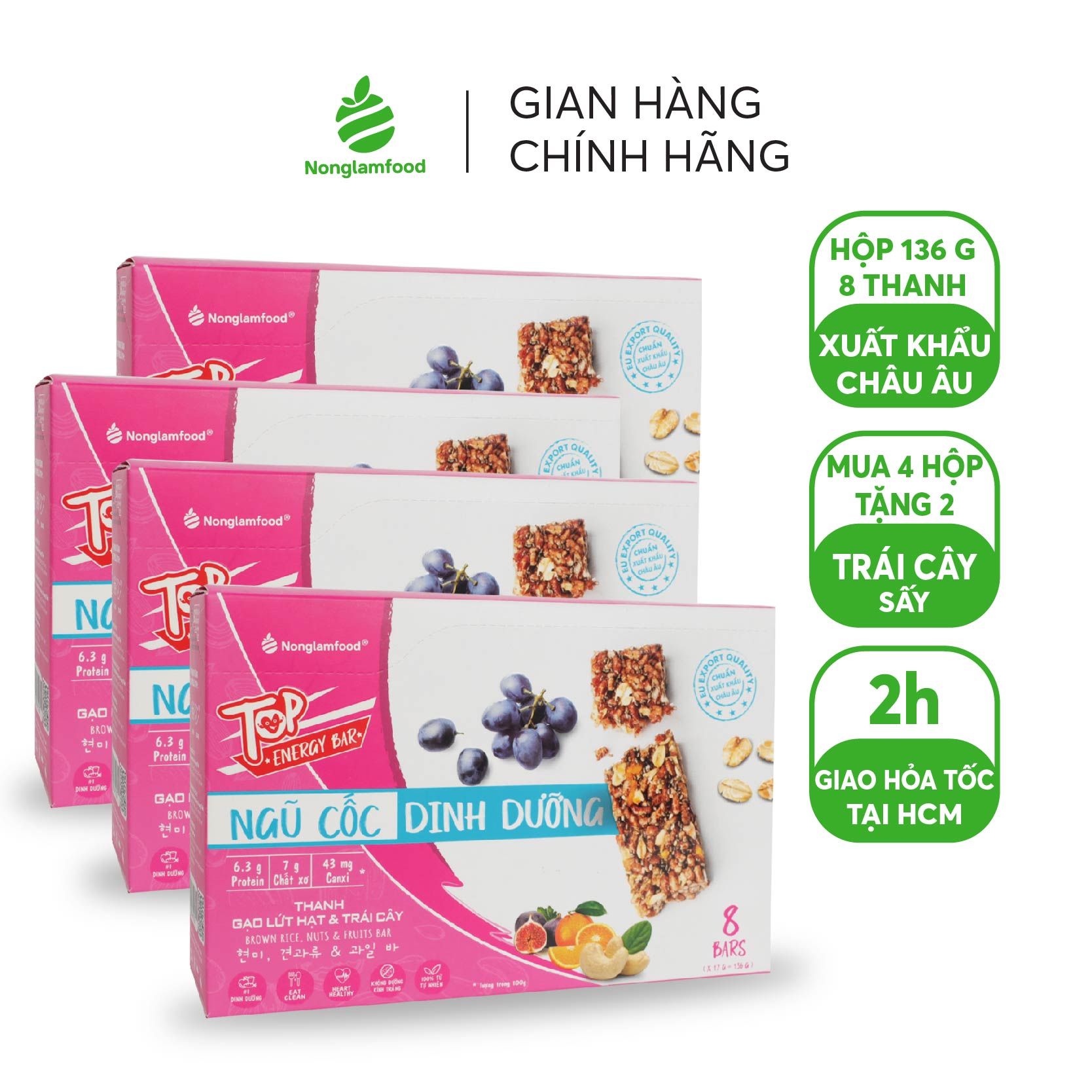 [COMBO FREESHIP & QUÀ] 4 Hộp Thanh gạo lứt hạt & Trái Cây Nonglamfood hộp 8 thanh 136g | Healthy Snack