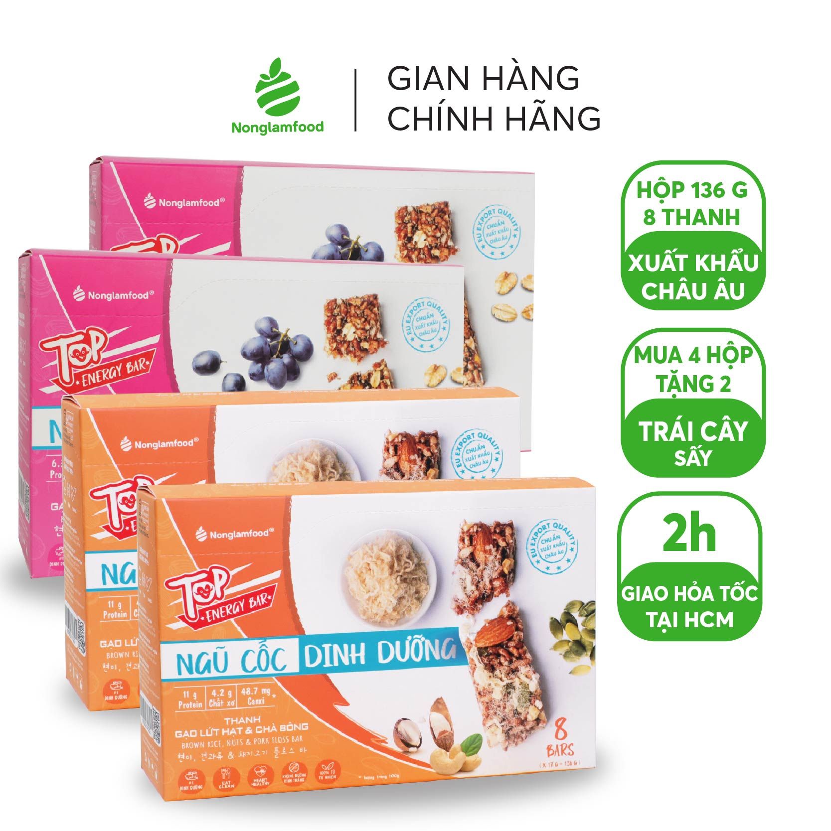 COMBO 4 HỘP THANH GẠO LỨT NGŨ CỐC 2 VỊ HỘP 136G 8 THANH (CHÀ BÔNG/ TRÁI CÂY) NONGLAMFOOD | TẶNG KÈM 2 TÚI TRÁI CÂY SẤY NGẪU NHIÊN | HEALTHY SNACK