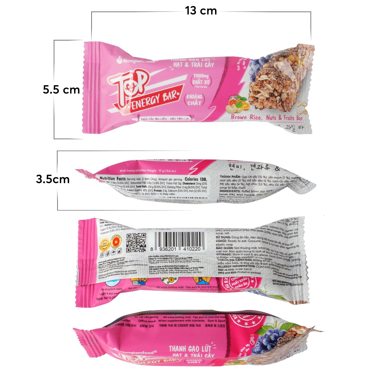 Thanh gạo lứt Top Energy Bar hạt & trái cây 17g | Tốt cho sức khỏe | Healthy Snack