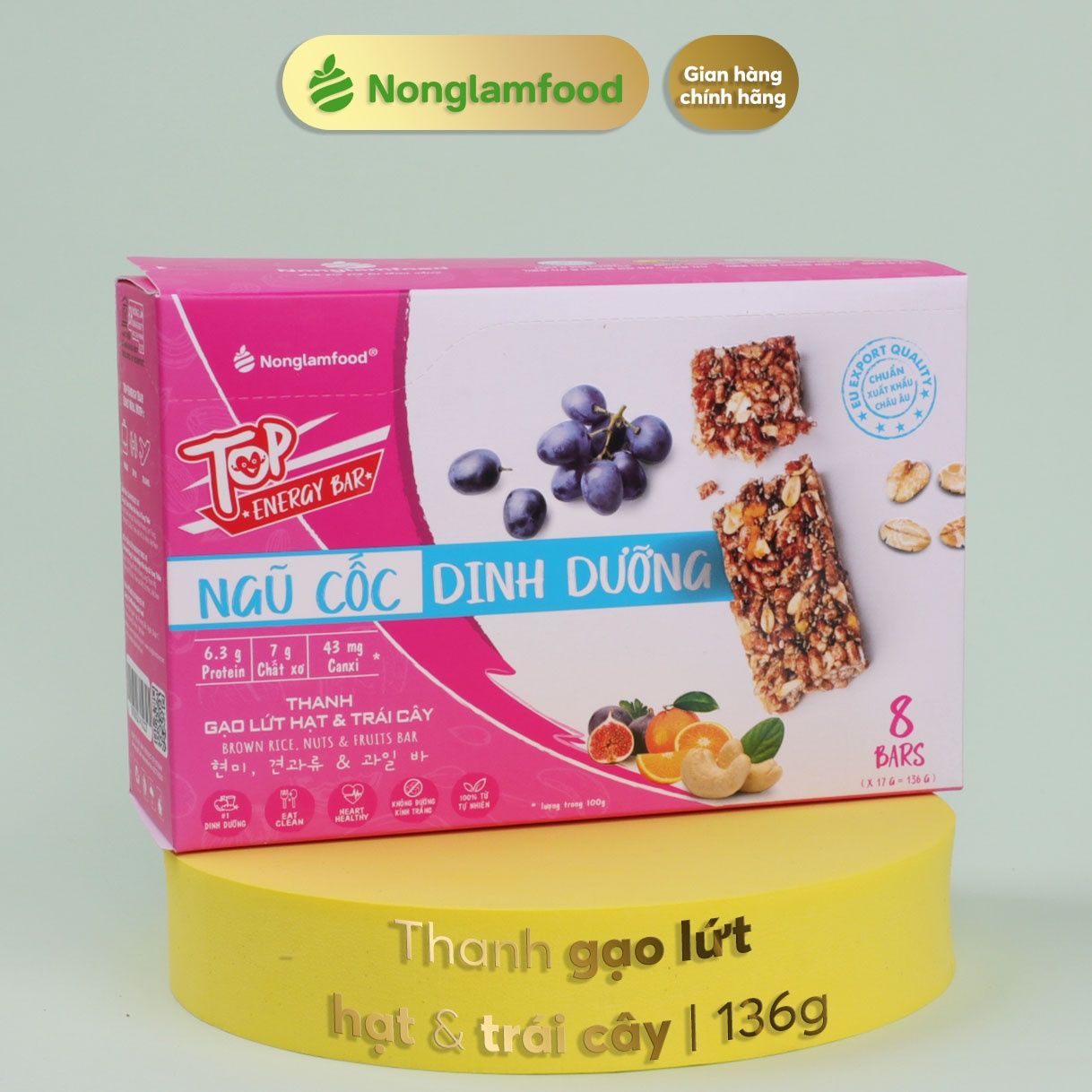 Thanh gạo lứt hạt & trái cây Nonglamfood hộp 8 thanh 136g | Healthy Snack