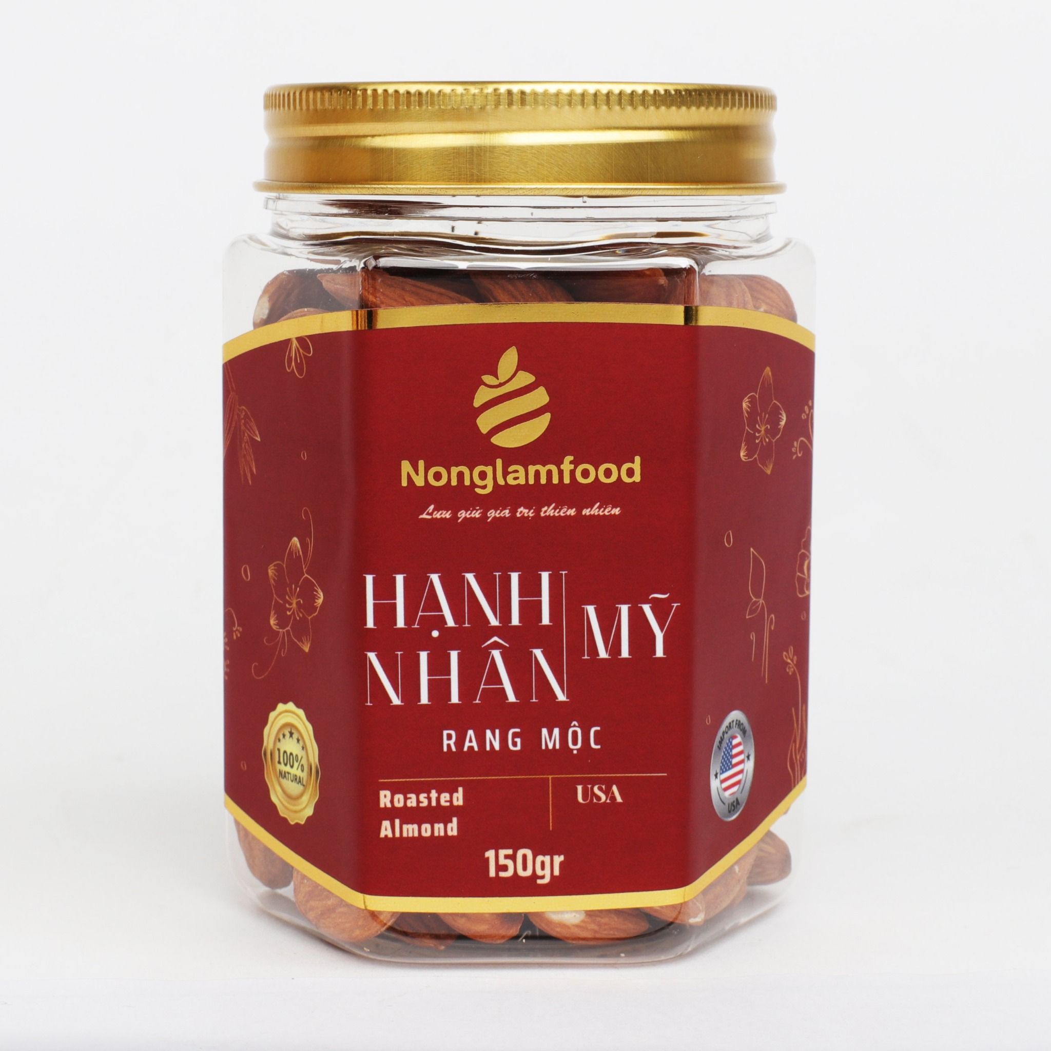 HẠNH NHÂN MỸ RANG MỘC NONGLAMFOOD HŨ 150G | HŨ LỤC GIÁC ĐẶC BIỆT | QUÀ TẶNG CAO CẤP
