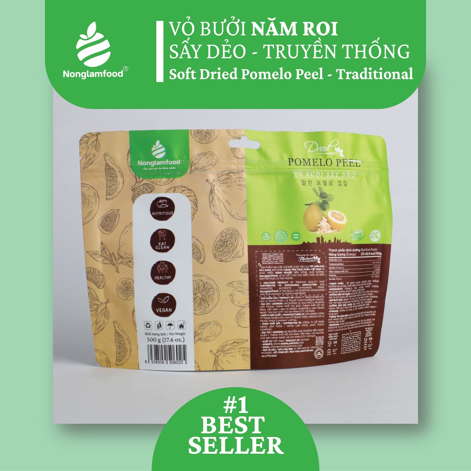 Vỏ bưởi sấy dẻo Nonglamfood túi 500g | Ăn vặt tốt cho sức khỏe | Healthy Snack