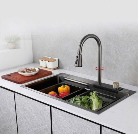 Chậu rửa bát 1 hố inox 304 nano đen kèm vòi rút 75x46cm