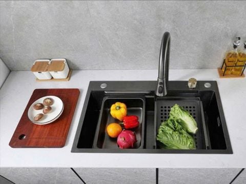 Chậu rửa bát 1 hố inox 304 nano đen kèm vòi rút 75x46cm