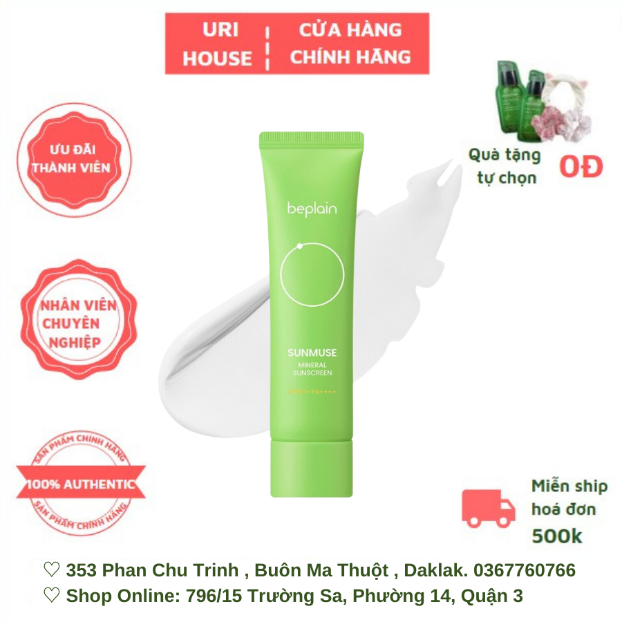 Kem Chống Nắng Kiềm Dầu, Kháng Nước Beplain Sunmuse Mineral Sunscreen SPF50+ PA++++ 50ml (XANH LÁ)