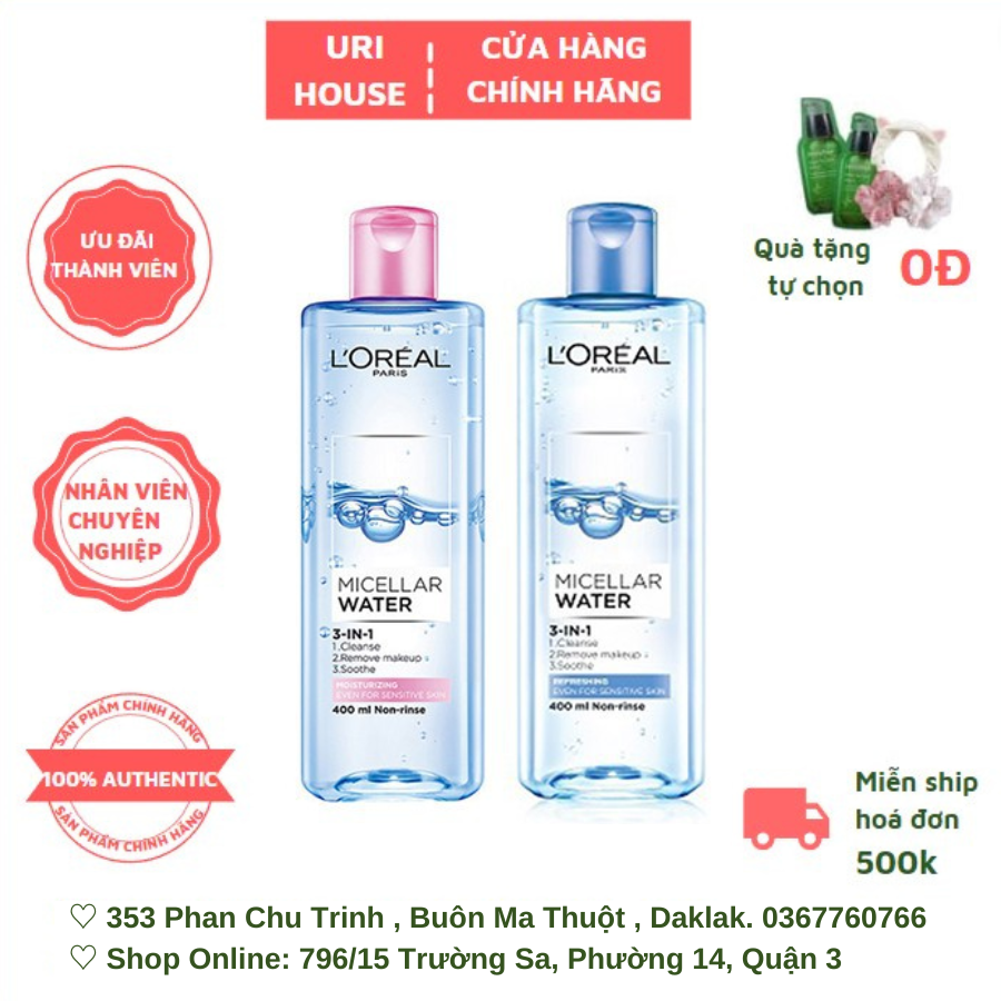 Nước Tẩy Trang L'Oreal Micellar Water 3-in-1 Moisturizing Even For Sensitive Skin Dưỡng Ẩm Cho Da Thường, Khô