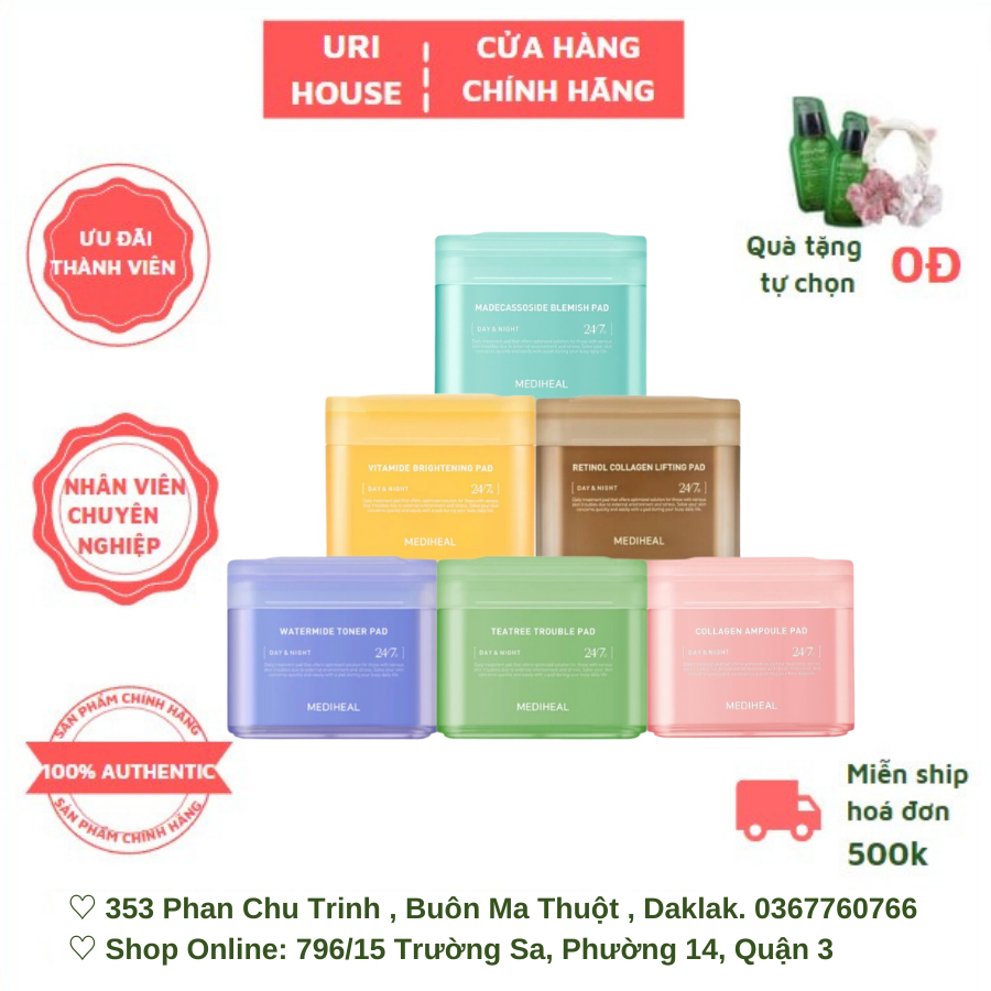 Nước Hoa Hồng Dạng Miếng Toner Pad Mediheal Làm Dịu/ Cấp Ẩm/ Làm Sáng Da/ Tẩy Tế Bào Chết 100Pads