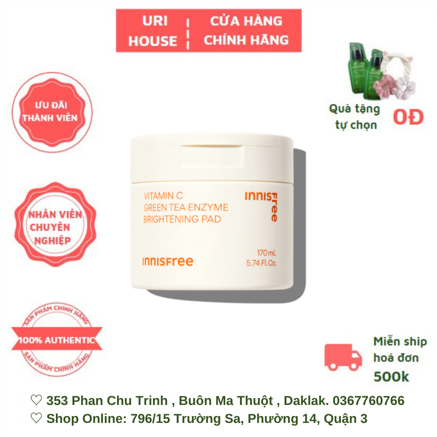 Toner Pad Dưỡng Sáng Da Innisfree Vitamin C Green Tea Enzyme Brightening Pad (60 Miếng)