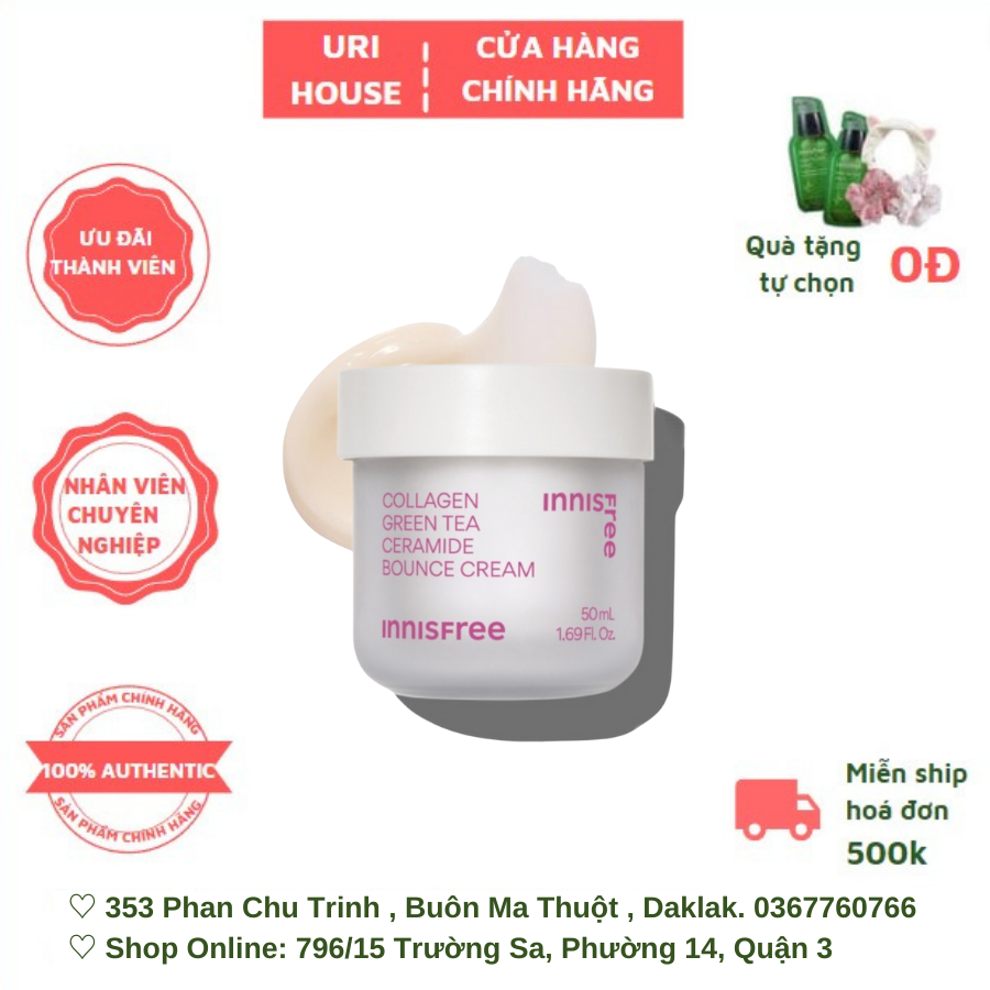 Kem Dưỡng Tăng Đàn Hồi, Chống Lão Hóa Innisfree Collagen Green tea Ceramide Bounce Cream 50mL