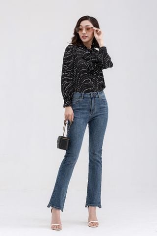  Quần jeans nữ ống loe lệch lai FWJN22SS05L 