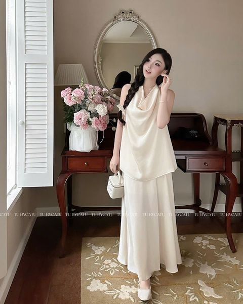 TUBYCATU | SET LỤA KEM CỔ ĐỔ + CHÂN VÁY DÀI