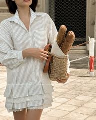 TUBYCATU | ĐẦM SƠ MI SỌC TRẮNG/ ĐEN 4 TẦNG PHỐI REN