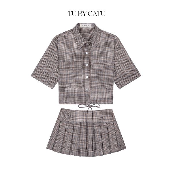 TUBYCATU | SET ÁO CARO NÂU RÚT LAI + VÁY